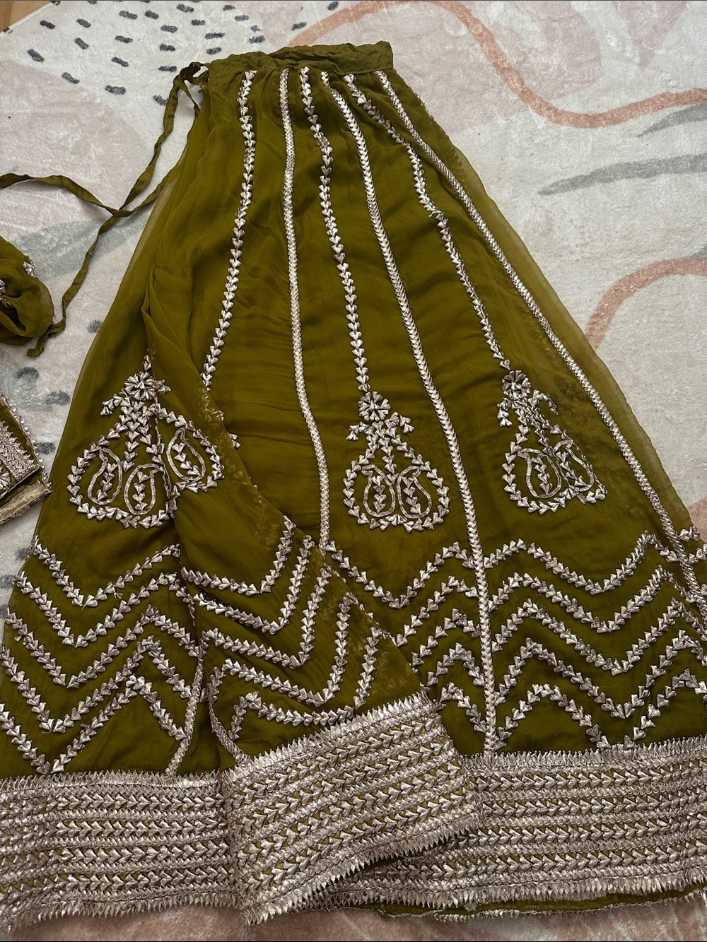 Mehndi color 3 piece chiffon lehnga,shirt, dupatta with full ghoti work